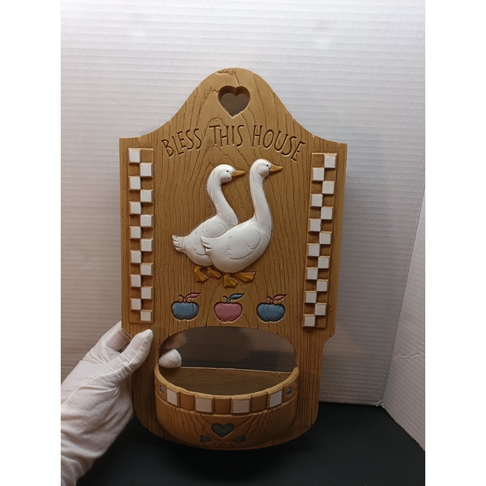 Vintage Wall Plague/Planter Burwood Products Bless This House W/White Geese USA